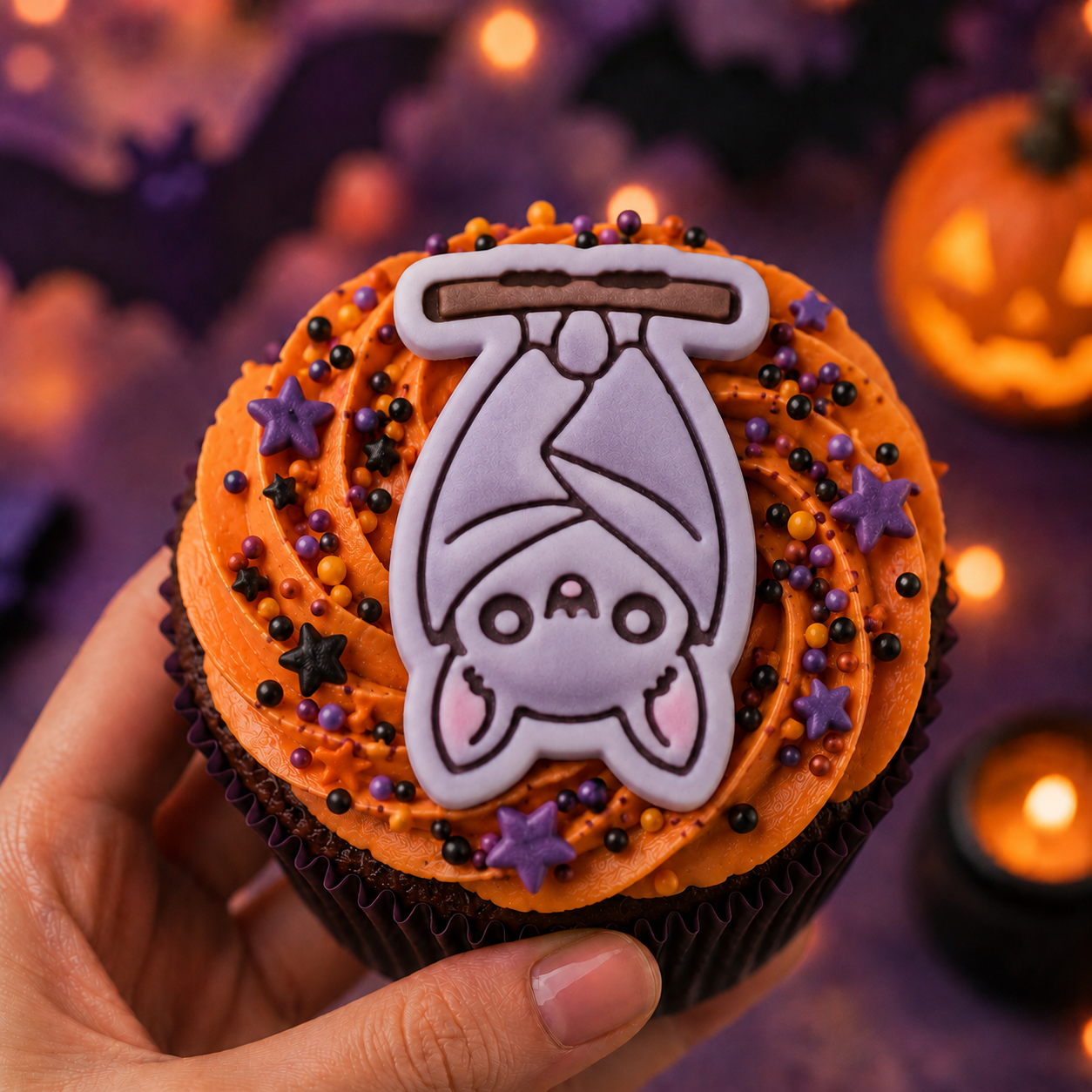 Purple hanging chibi bat fondant cupcake topper on orange Halloween frosting with stars and sprinkles