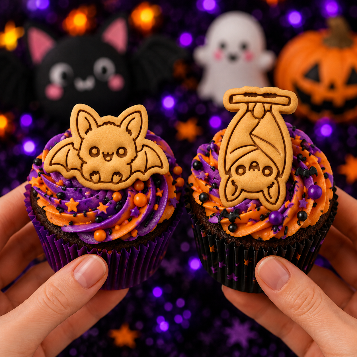 2 Chibi Bat Mini Cookie Cutter & Stamp Sets - Sitting & Hanging