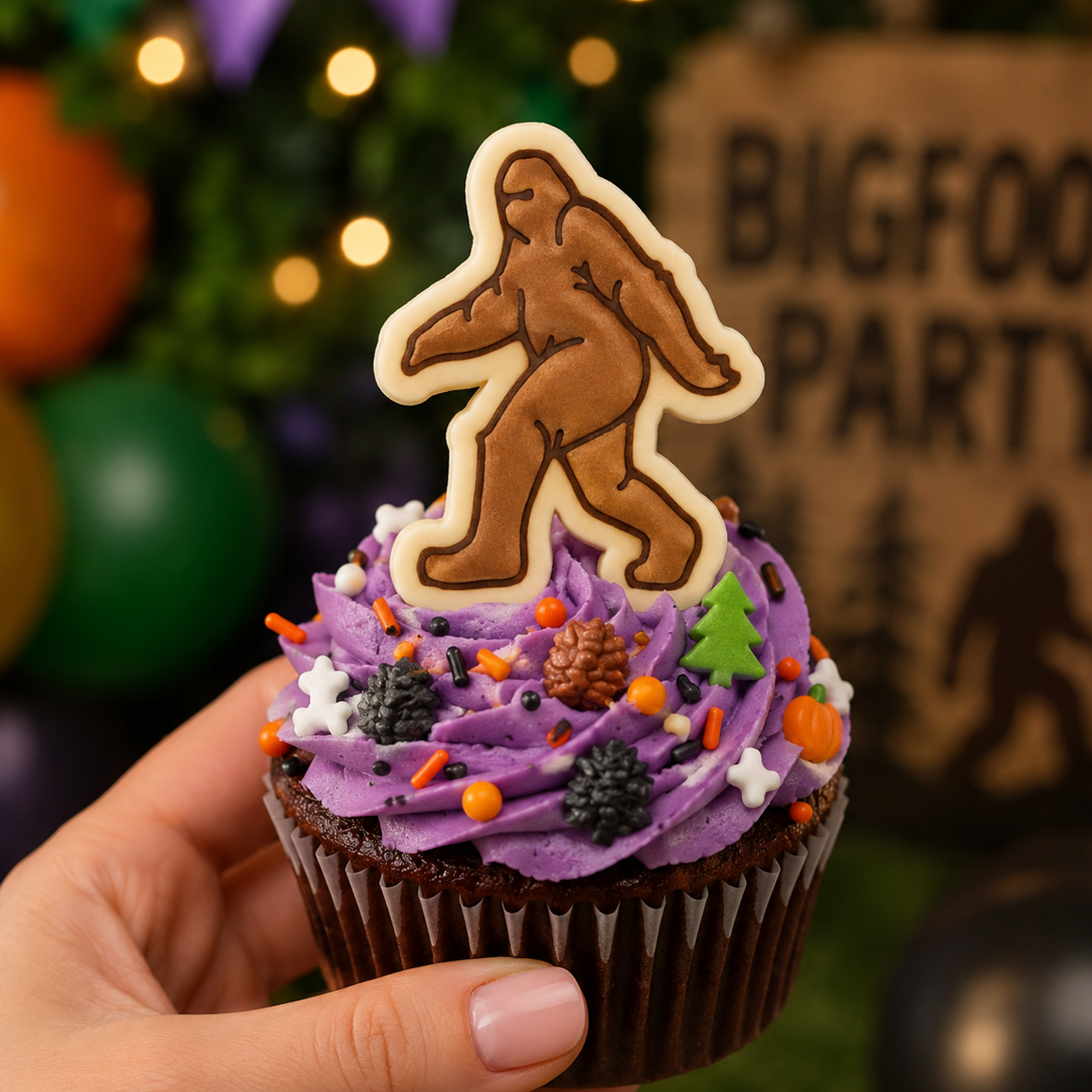 Brown Bigfoot fondant cupcake topper on purple icing with forest and cryptid party decorations