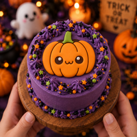 Cute orange kawaii pumpkin fondant cake topper on a purple Halloween cake