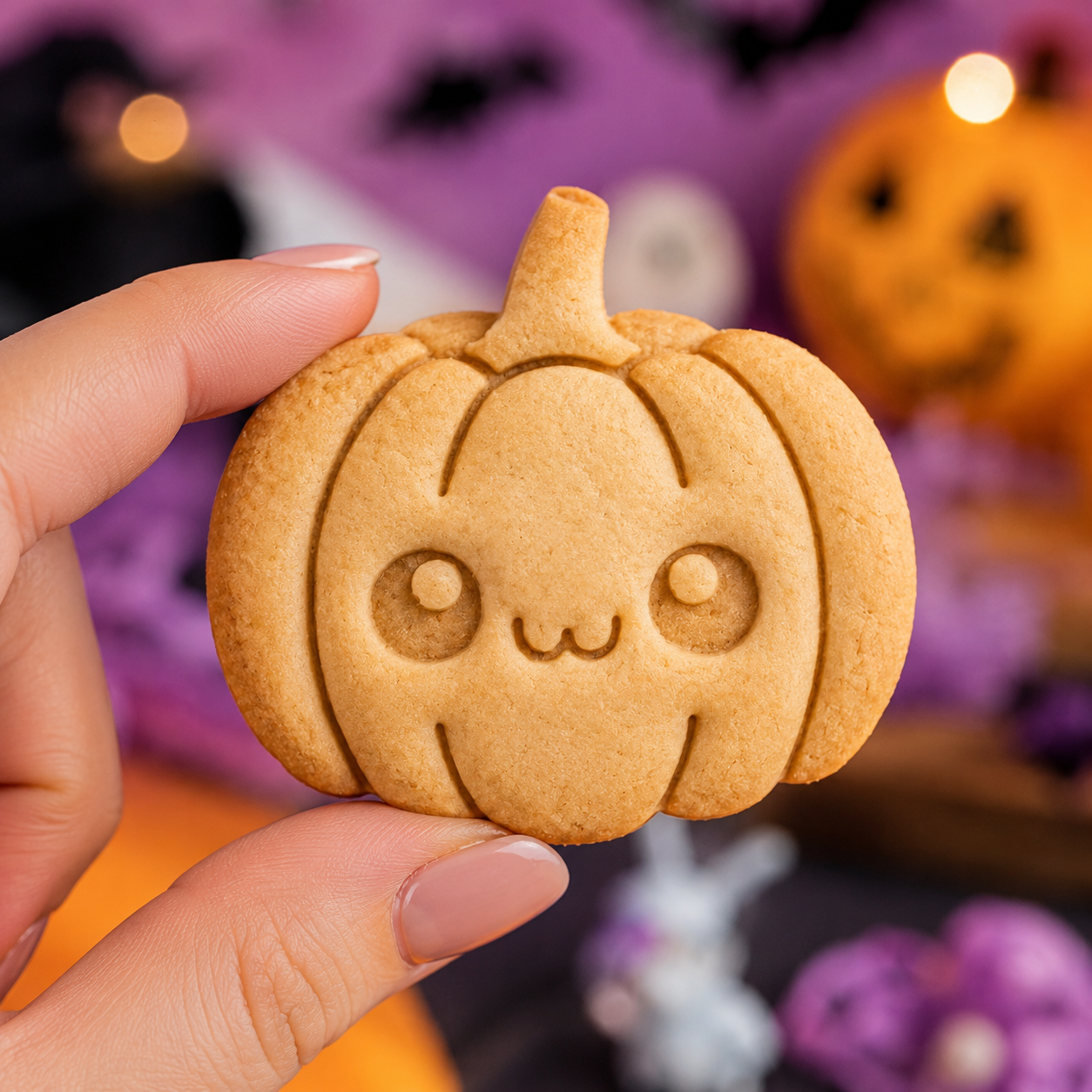 Hand holding a smiling kawaii pumpkin cookie against a colorful Halloween background