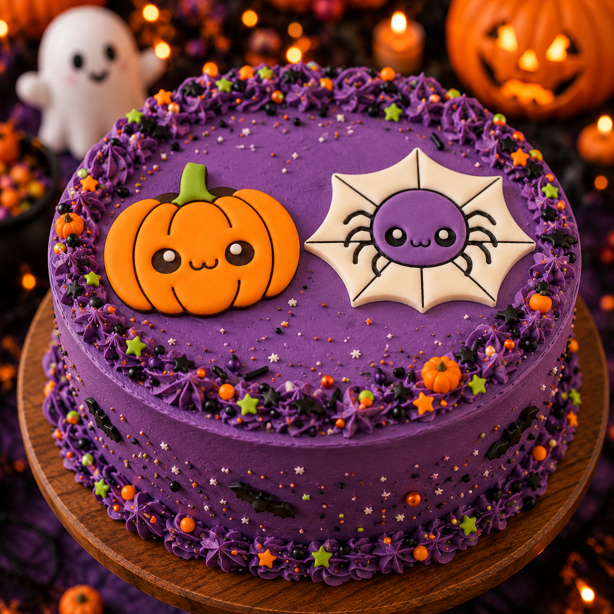 Kawaii pumpkin and chibi spider web fondant toppers decorating a purple Halloween cake