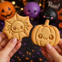 Hands holding chibi spider web and kawaii pumpkin cookies at a Halloween party