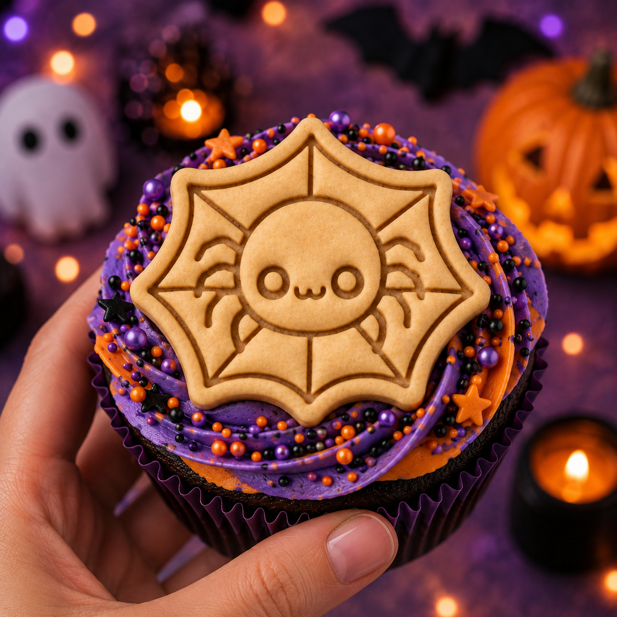 Spider web cookie topper on a Halloween cupcake with purple and orange frosting