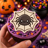Chibi spider in web fondant topper on a Halloween cupcake with purple icing and sprinkles