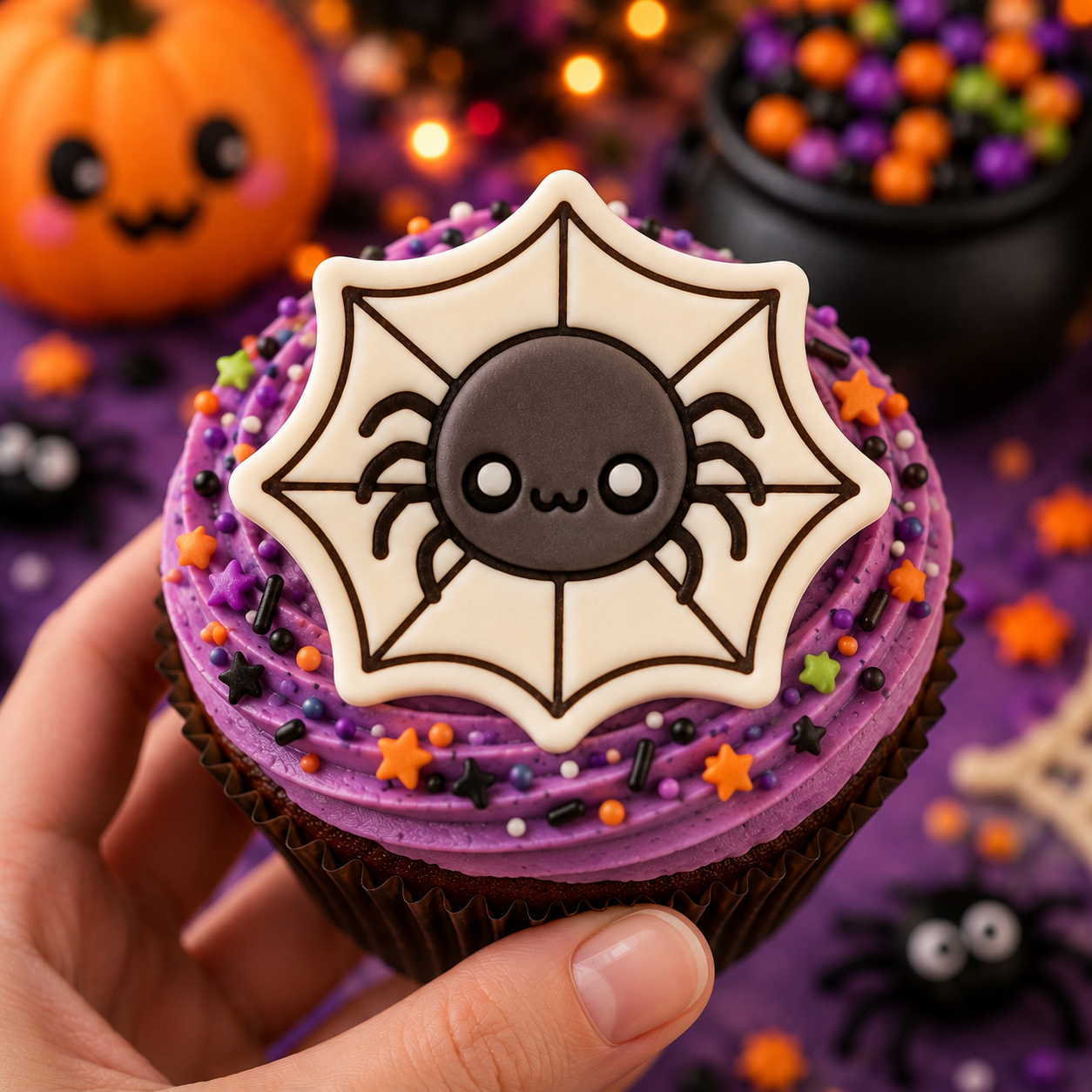 Chibi spider in web fondant topper on a Halloween cupcake with purple icing and sprinkles