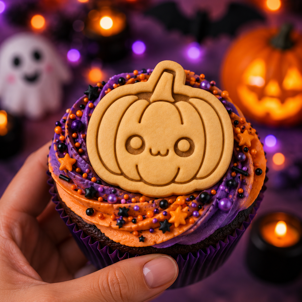 Kawaii pumpkin cookie topper on a Halloween cupcake with orange and purple frosting