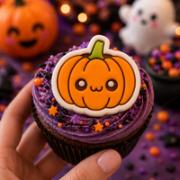 Orange kawaii pumpkin fondant cupcake topper with cute face on purple Halloween frosting
