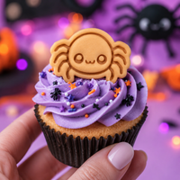 Chibi spider mini cookie topper on a purple Halloween cupcake