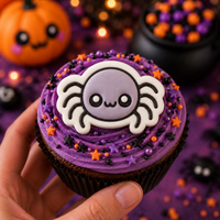 Purple chibi spider fondant topper on a Halloween cupcake