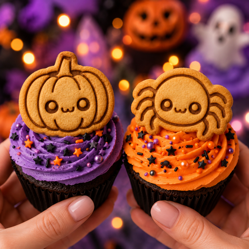 Chibi spider and kawaii pumpkin cookies on purple and orange Halloween cupcakes