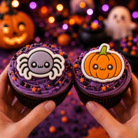 Chibi spider and kawaii pumpkin fondant cupcake toppers for Halloween baking