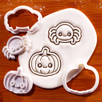 Chibi spider and kawaii pumpkin mini cookie cutters and stamps with fondant impressions
