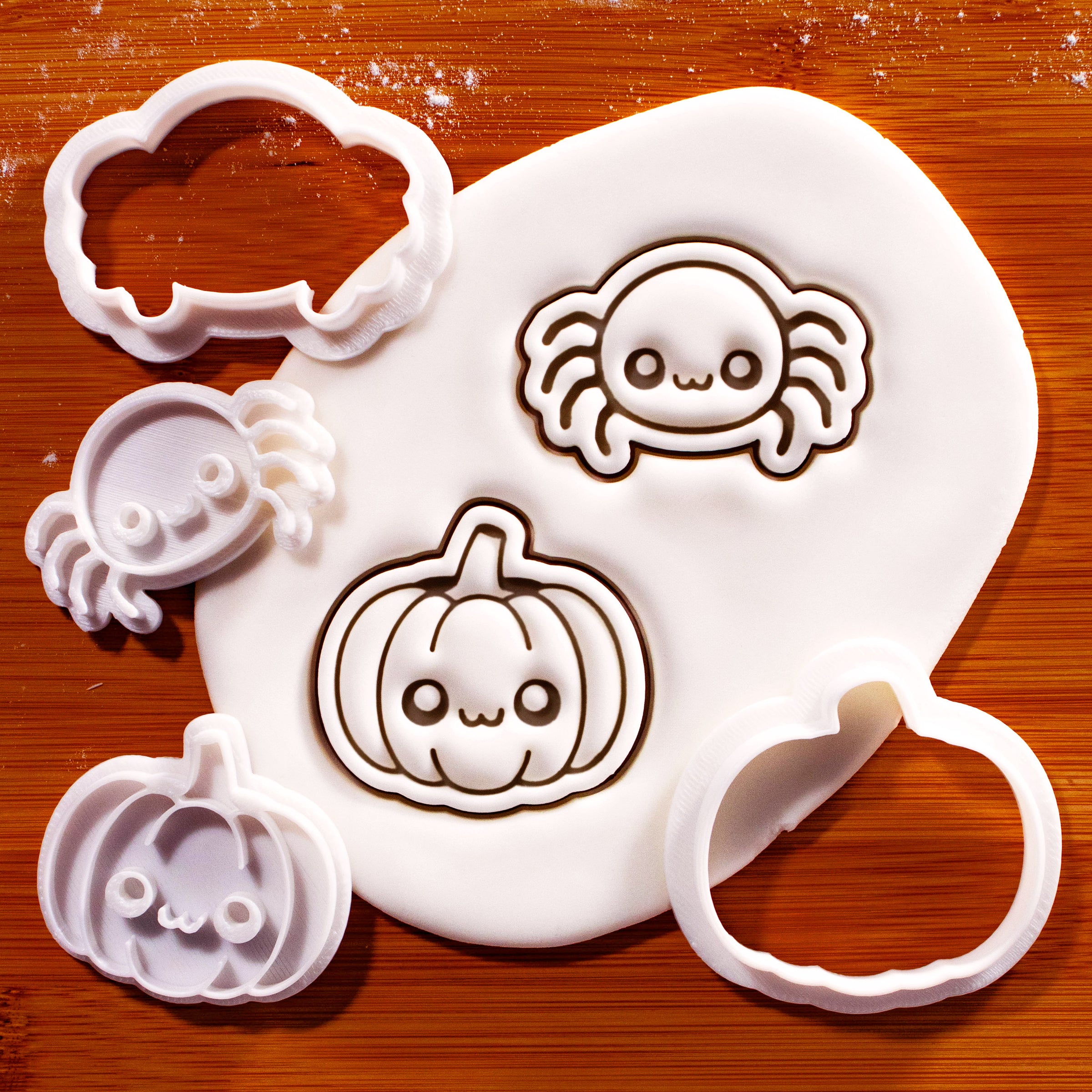 Chibi spider and kawaii pumpkin mini cookie cutters and stamps with fondant impressions