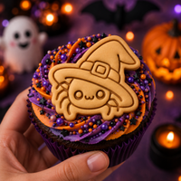 Witchy spider cookie topper on a Halloween cupcake with purple and orange frosting