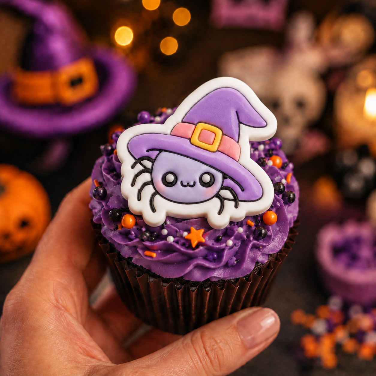 Witchy spider fondant cupcake topper for Halloween baking