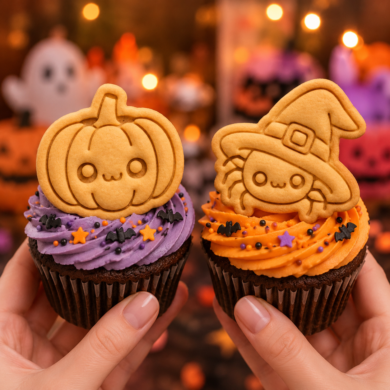 Witchy spider and pumpkin cookie toppers on Halloween cupcakes