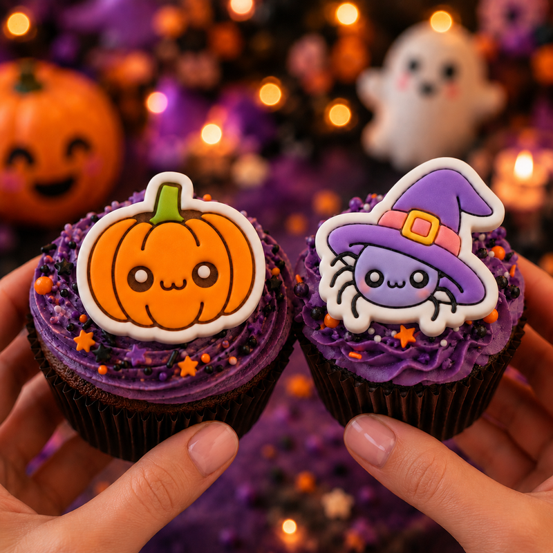 Colourful witchy spider and pumpkin fondant toppers on cupcakes
