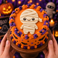Cute chibi mummy fondant cake topper on orange Halloween cake