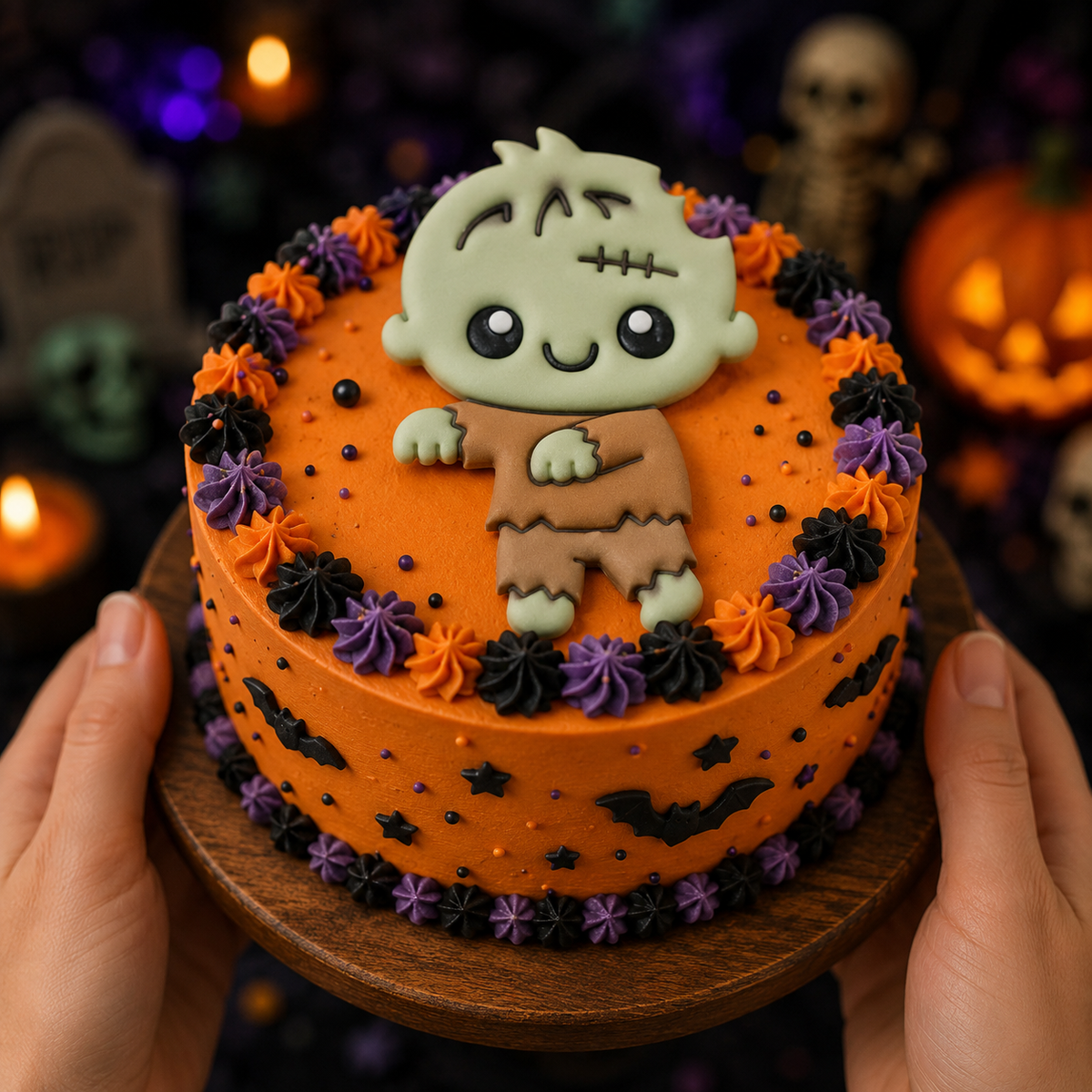 Chibi zombie fondant cake topper on orange Halloween cake