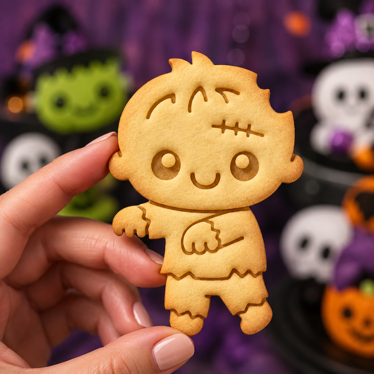 Chibi zombie embossed cookie held in hand with spooky Halloween background