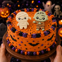 Halloween cake decorated with cute chibi mummy and zombie fondant cake toppers