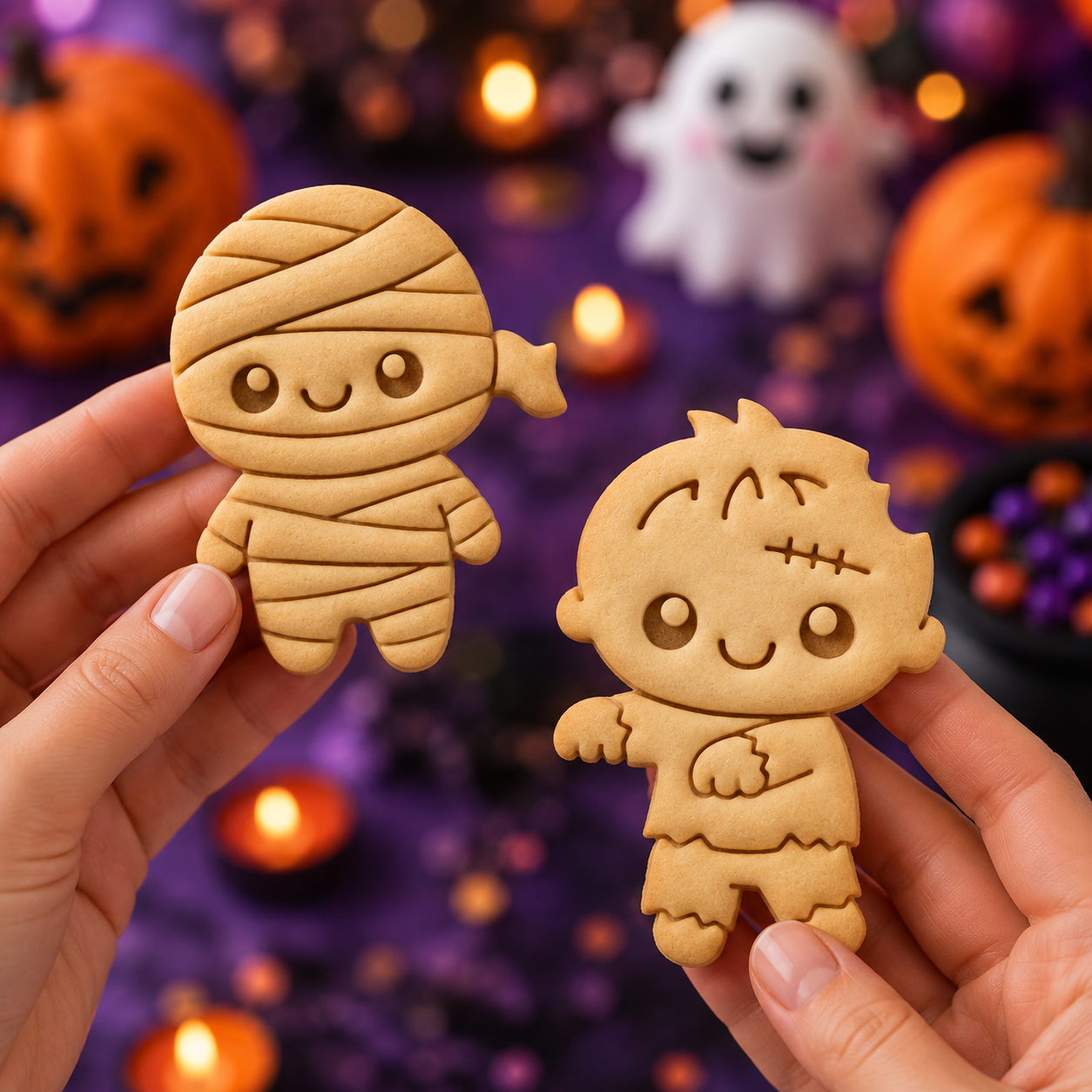 Chibi mummy and zombie stamped Halloween cookies held against spooky purple background