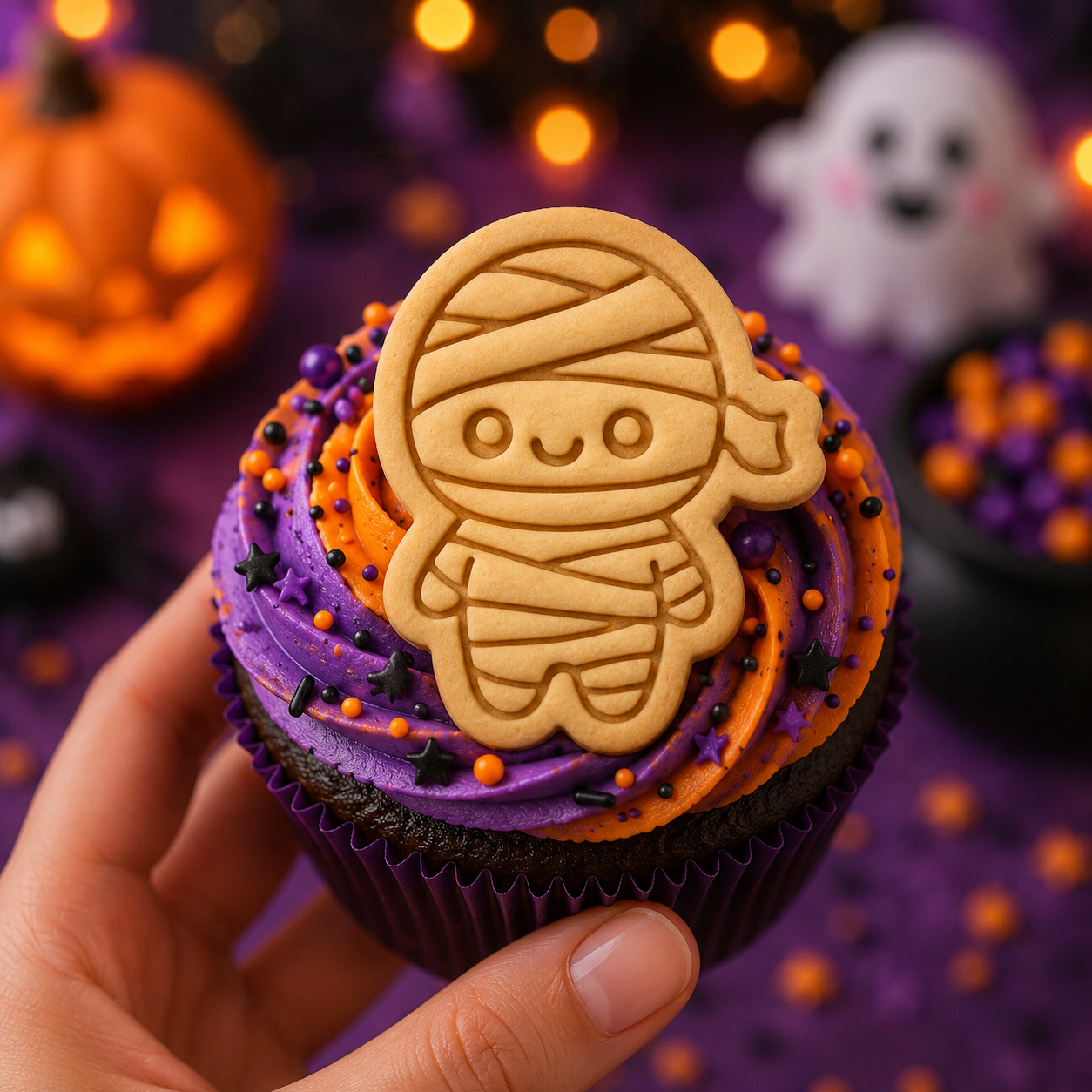 Chibi mummy stamped cookie used as a Halloween cupcake topper with orange and purple frosting