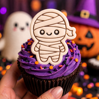Cute chibi mummy fondant cupcake topper made with mini cookie cutter and stamp set