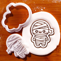 Chibi mummy mini cookie cutter and stamp set with detailed Halloween fondant impression