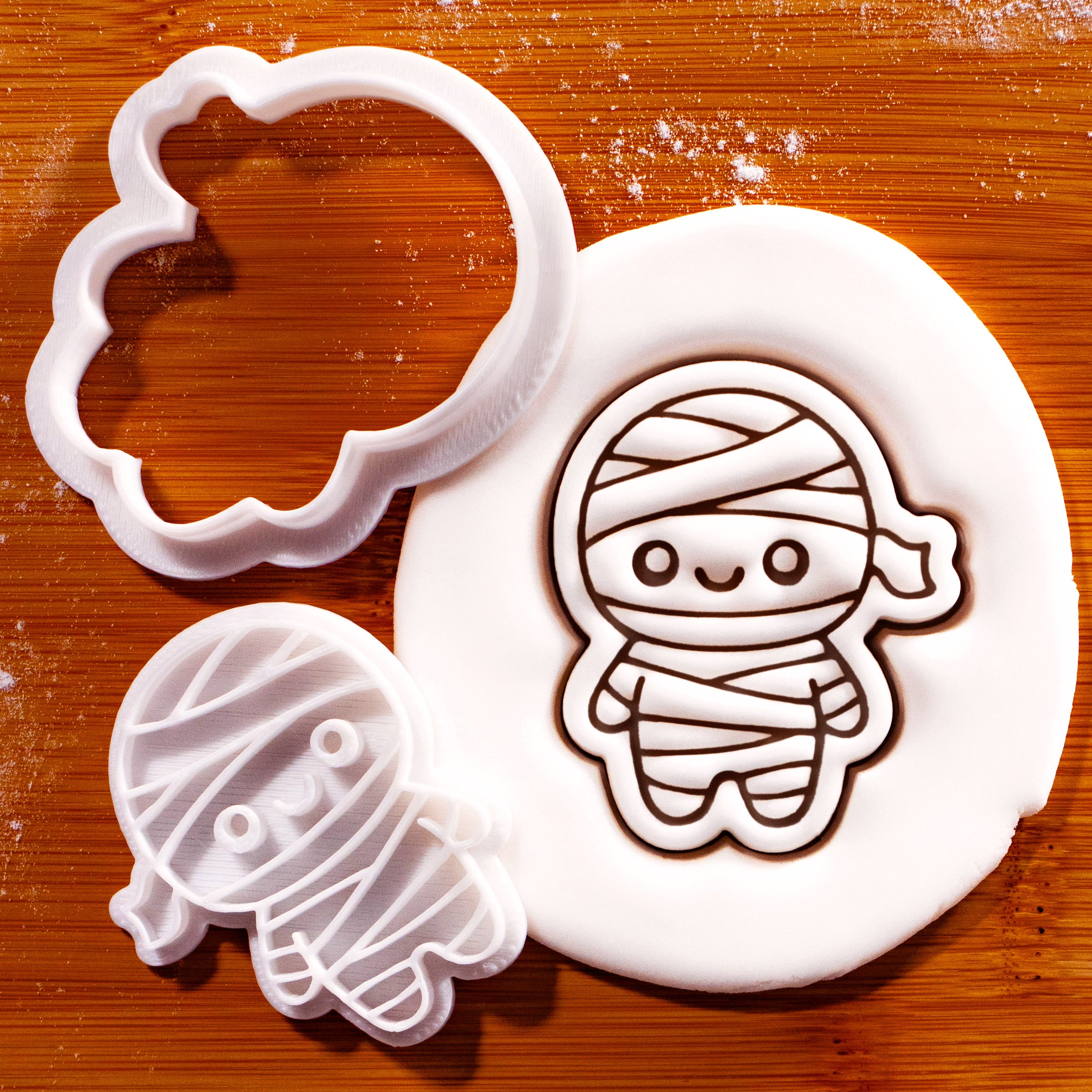 Chibi mummy mini cookie cutter and stamp set with detailed Halloween fondant impression