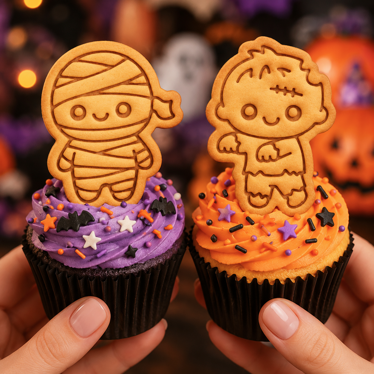 Chibi mummy and zombie stamped cookies on purple and orange Halloween cupcakes