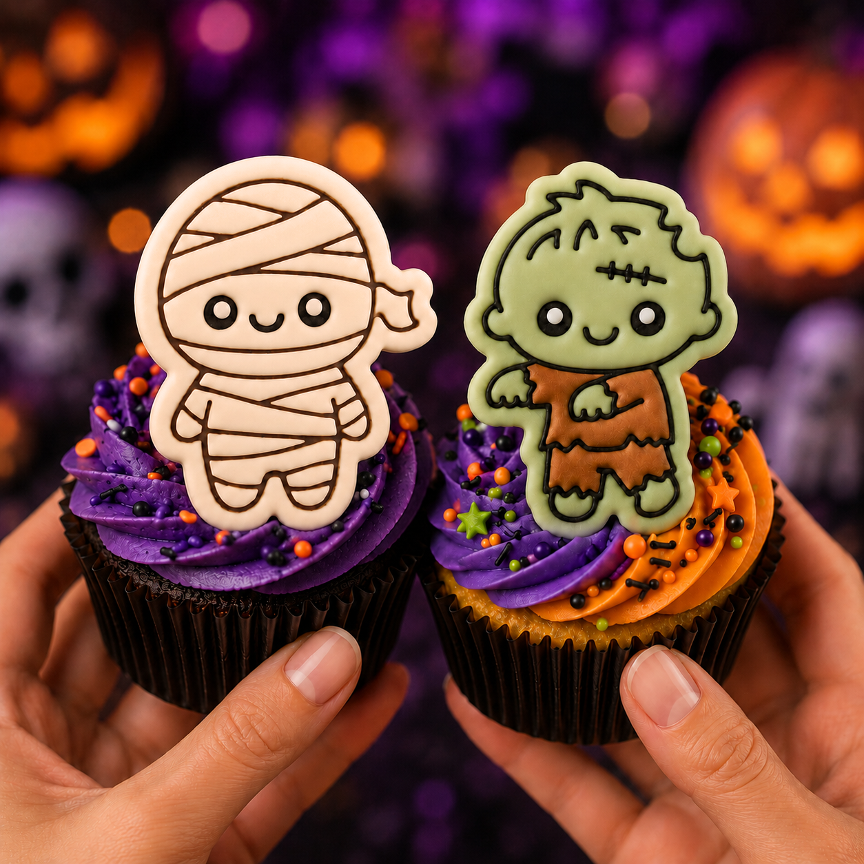 Chibi mummy and zombie fondant cupcake toppers on Halloween cupcakes
