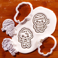 Chibi mummy and zombie mini cookie cutters and stamps with fondant impressions
