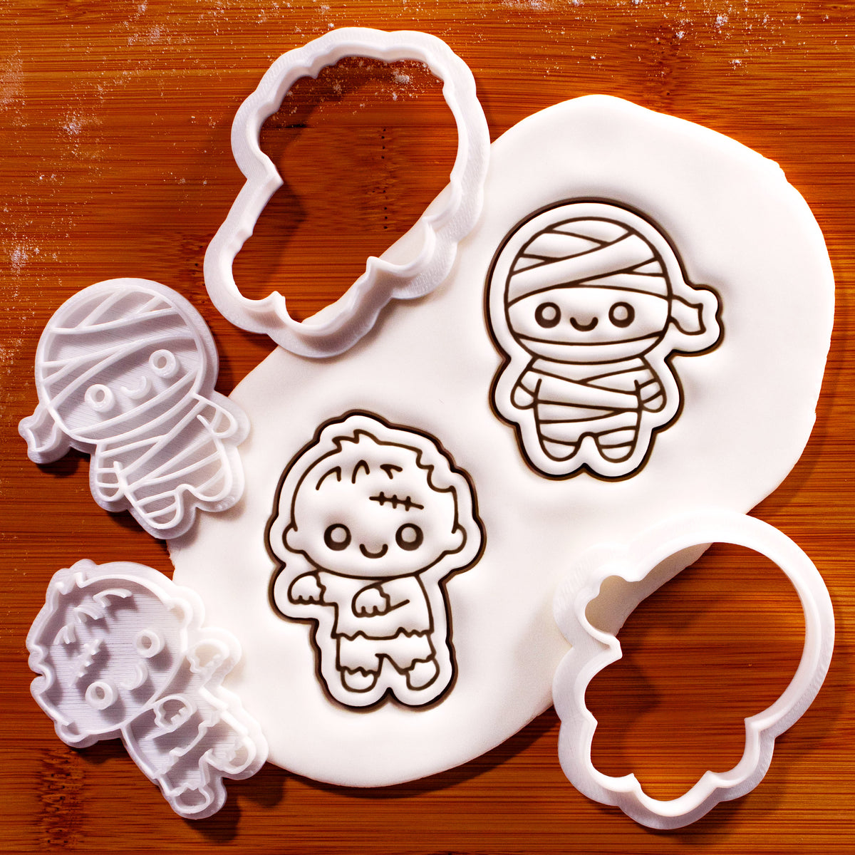 Chibi mummy and zombie mini cookie cutters and stamps with fondant impressions