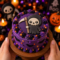 Kawaii Grim Reaper fondant cake topper on purple Halloween cake