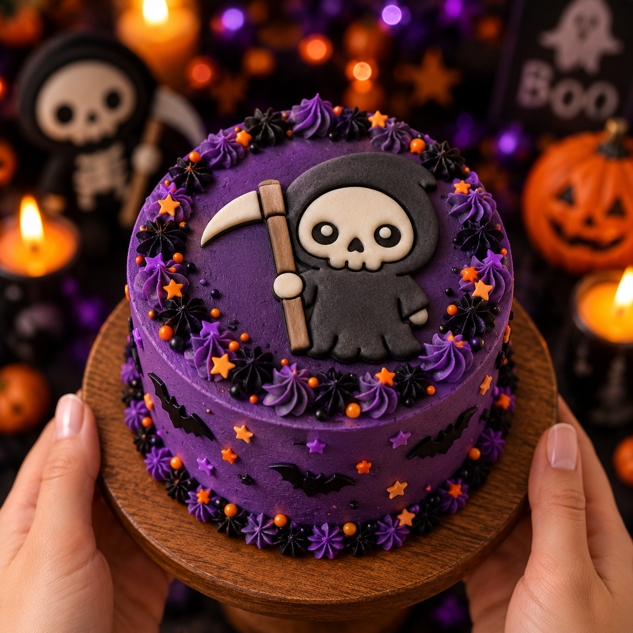 Kawaii Grim Reaper fondant cake topper on purple Halloween cake