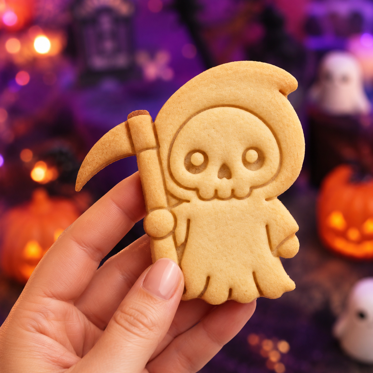 Kawaii Grim Reaper shaped cookie held by hand with spooky Halloween background