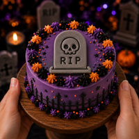 RIP Tombstone with Skull fondant cake topper on purple gothic Halloween graveyard cake