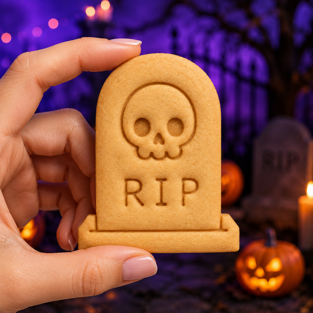 RIP Tombstone with Skull embossed Halloween cookie held against spooky graveyard background