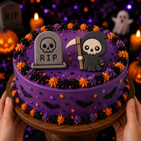 Grim Reaper and RIP Tombstone with Skull fondant toppers on purple gothic Halloween graveyard cake