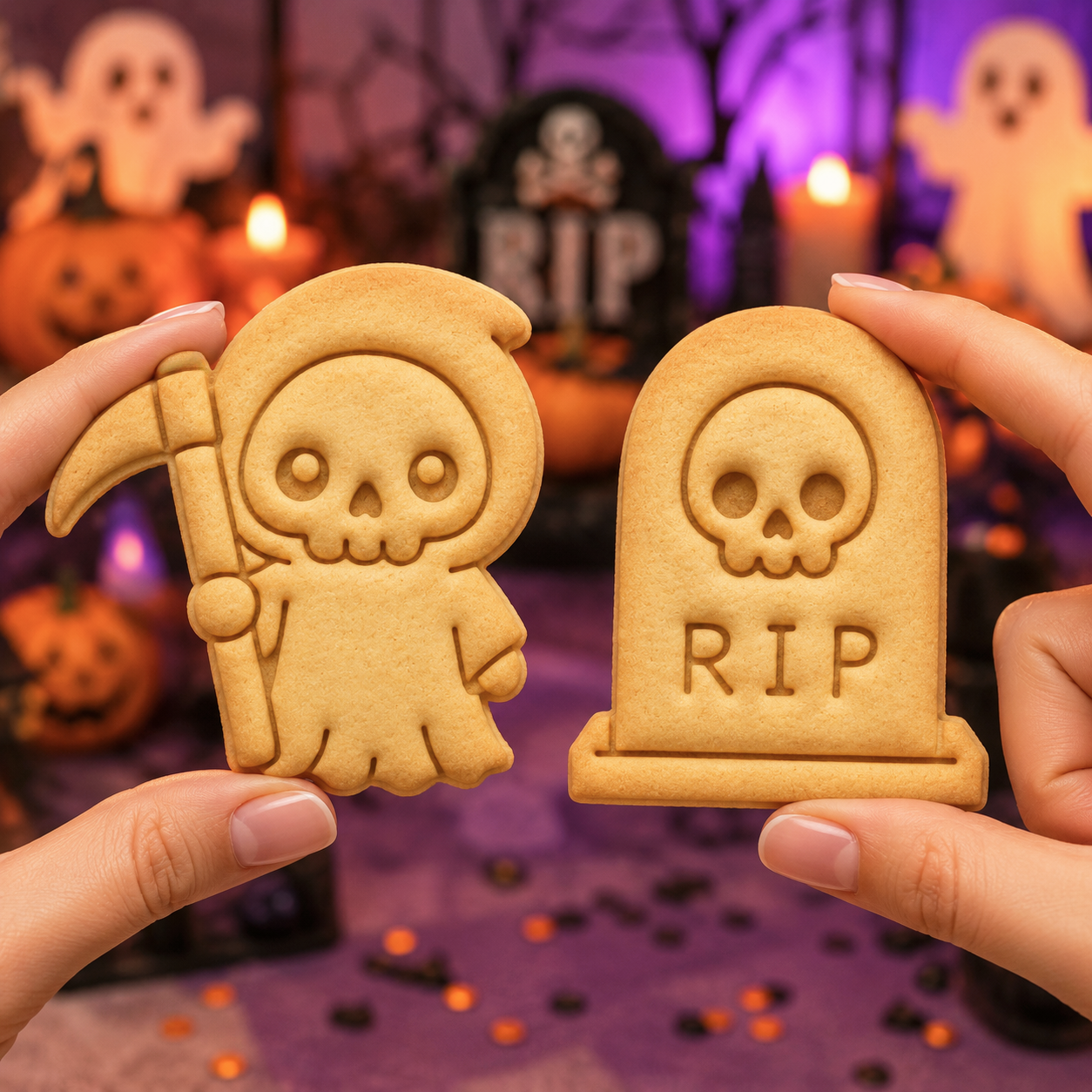 Kawaii Grim Reaper and RIP Tombstone skull cookies held against a spooky Halloween graveyard background