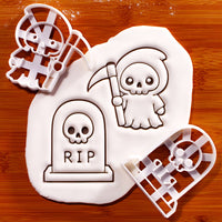 Kawaii Grim Reaper and RIP Tombstone with Skull cookie cutter set with embossed fondant impressions