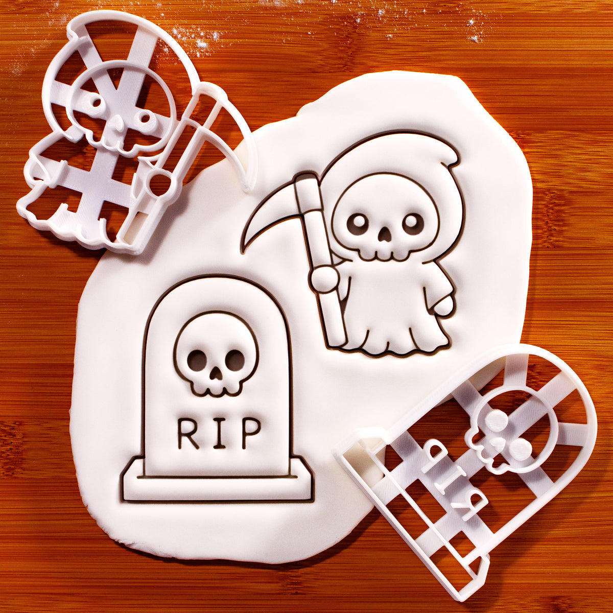 Kawaii Grim Reaper and RIP Tombstone with Skull cookie cutter set with embossed fondant impressions