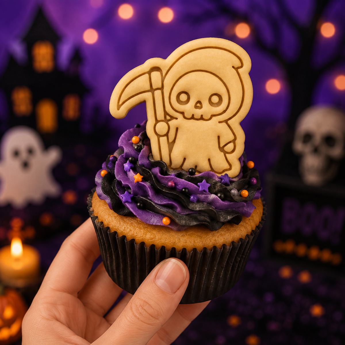 Kawaii Grim Reaper stamped mini cookie used as a Halloween cupcake topper with purple and black frosting