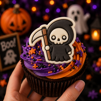 Kawaii Grim Reaper fondant cupcake topper with black hood, skull face and scythe on Halloween cupcake
