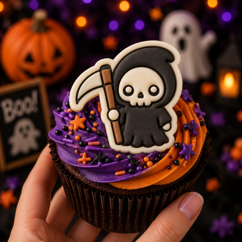 Kawaii Grim Reaper fondant cupcake topper with black hood, skull face and scythe on Halloween cupcake