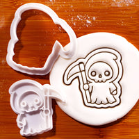 Kawaii Grim Reaper mini cookie cutter and stamp set with hooded skeleton and scythe fondant impression