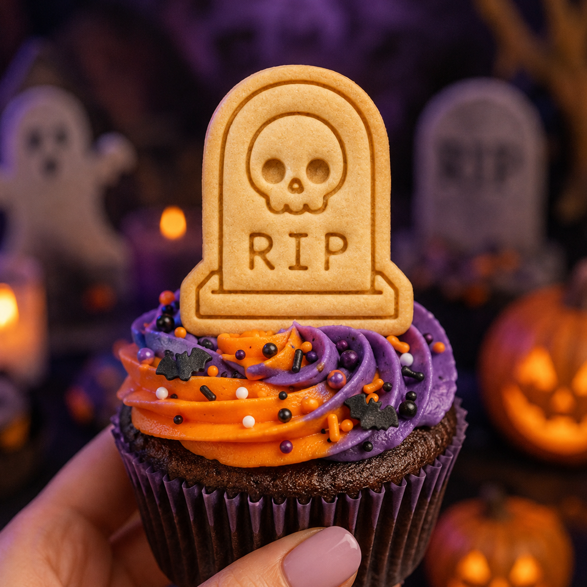 Tombstone with Skull stamped mini cookie used as a Halloween cupcake topper with orange and purple frosting