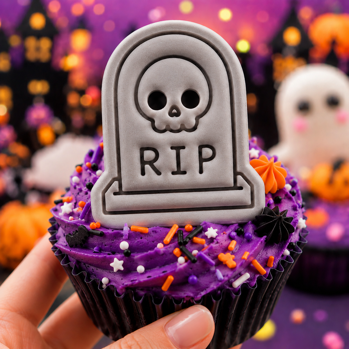 Tombstone with skull fondant cupcake topper on a Halloween cupcake with purple frosting and spooky background